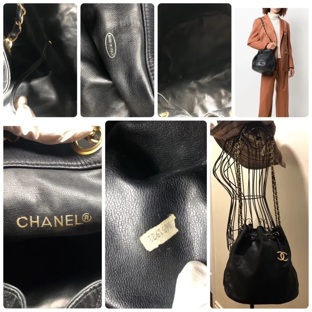 Vintage Chanel Black Lambskin Quilted CC Drawstring Bucket Bag Leather Backpack
